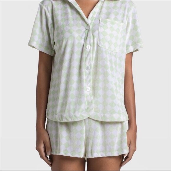 Frankies Bikinis Sage green and white checkered collared coco velvet shorts - Picture 2 of 9